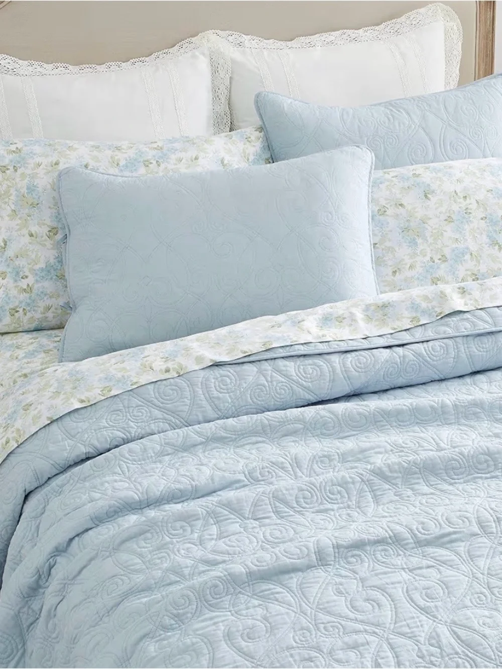 Light Blue Quilted Bedspread Set - Classic Home Bedding Laura Ashley
